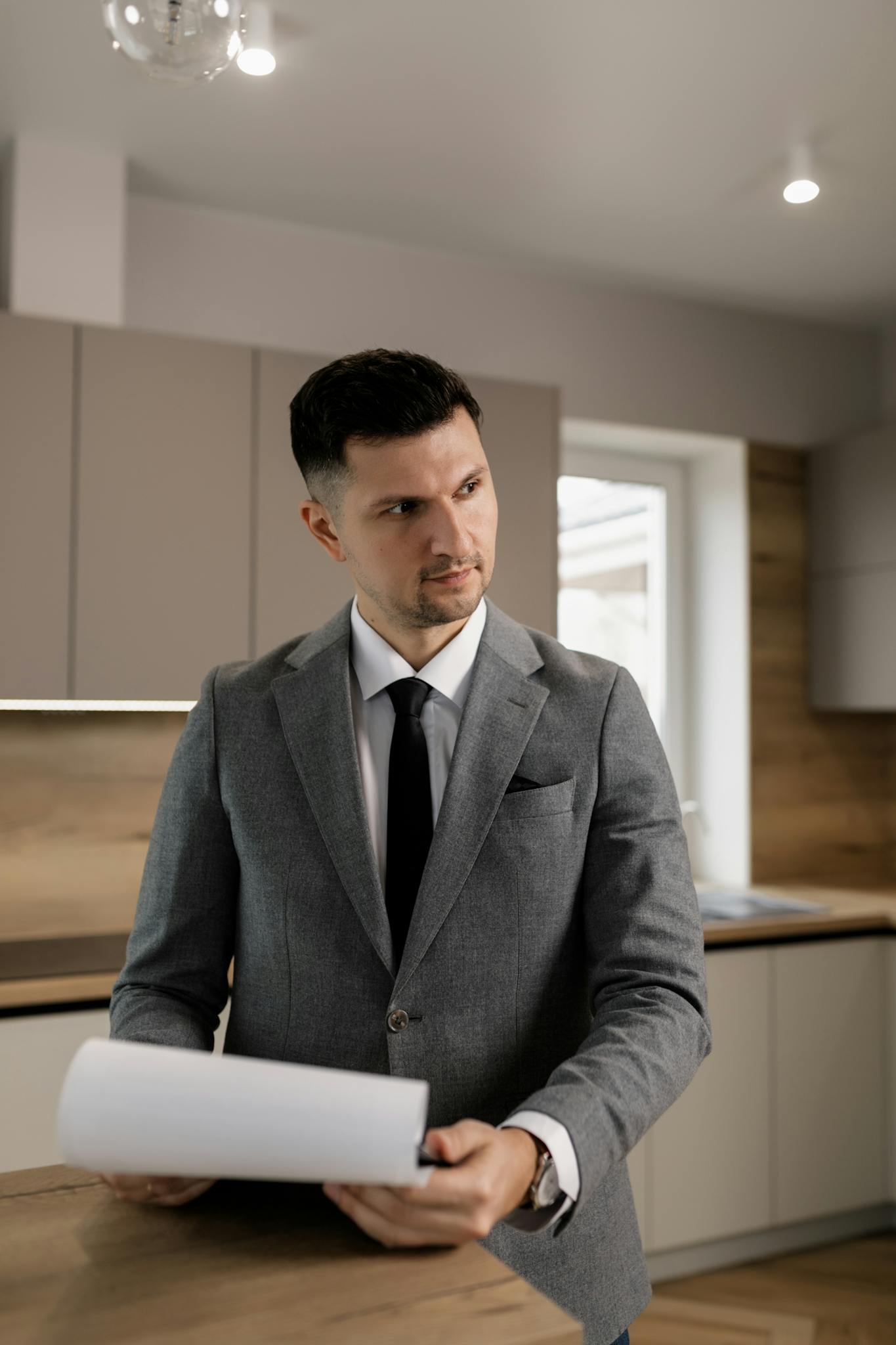 Real estate agent presenting in a stylish indoor setting. Ideal for business and real estate themes.